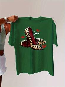 Talla unisex. Camiseta de algodón de verano de talla grande para mujer. 1 pieza estampada con estampado de leopardo, tacones altos, la palabra "love" y un estampado de labios. Camiseta de moda de verano para mujer, 180 gramos, ropa casual, top de moda, estampado geométrico, diseño de texto en forma de corazón, textura suave, tela ligera, camiseta de moda, top estampado, ropa casual, para mujeres jóvenes. - Verde - Ver 6