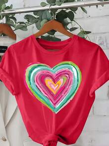 Talla unisex.Camiseta de algodón de talla grande de verano para mujer.Plus Size, Heart T-shirt, Short Sleeve Crew Neck Casual Top, Women's ClothingMaterial absorbente del sudor, suave y agradable para la piel. - Rojo - Ver 1