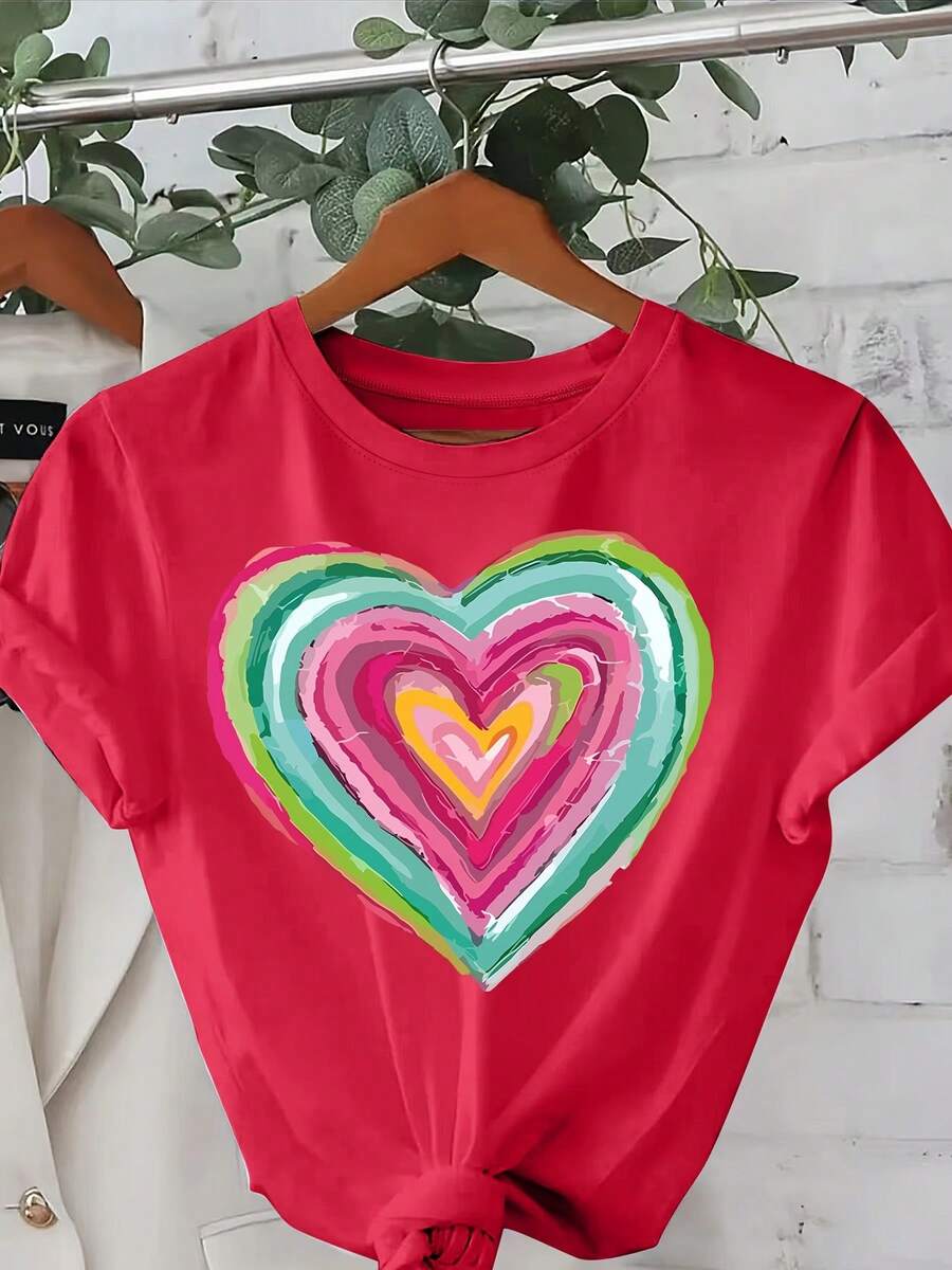 Talla unisex.Camiseta de algodón de talla grande de verano para mujer.Plus Size, Heart T-shirt, Short Sleeve Crew Neck Casual Top, Women's ClothingMaterial absorbente del sudor, suave y agradable para la piel. - Rojo - Ver 1