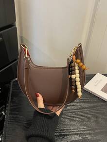 1 pieza Bolso de hombro en forma de media luna de color café con piel de PU, bolso debajo del brazo de mujer de unicolor simple de moda, para otoño/invierno - Café integral 4 - Ver 4