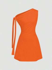 Vestido minimalista para mujer con estampado floral de tinta, hombro asimétrico con lazo, cintura ajustada - Naranja - Ver 5