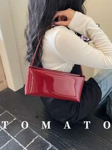 1 pièce Sac à épaule minimaliste chic pour femmes, sac sous le bras brillant unicolore, en matériau PU, fermeture à glissière, sac d'usage quotidien, convient aux jeunes femmes - sorties, shopping, salle de classe, rendez-vous, cadeaux pour femmes, bureau, travail, voyage - Rouge - Voir 1