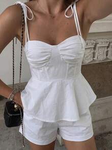 Look Polly 女士夏季白色系带两件套，收腰荷叶边吊带背心搭配收腰短裤，沙滩度假休闲装 - 白色 - 查看 9