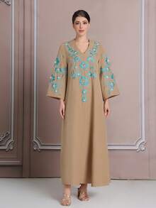 Khaki Embroidery, Middle Eastern Style 3D Holographic Embroidery, Rhinestone-Encrusted Elegant Robe/Coat,Kaftan Robe, Abaya Robe BC4648(Custom Design) - Camel - View 2