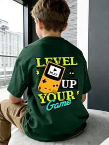 Boys' Gamer Graphic Letter & Game Console Print Crew Neck Short Sleeve T-Shirt, Spring/Summer New Arrival - Dark Green - View 1