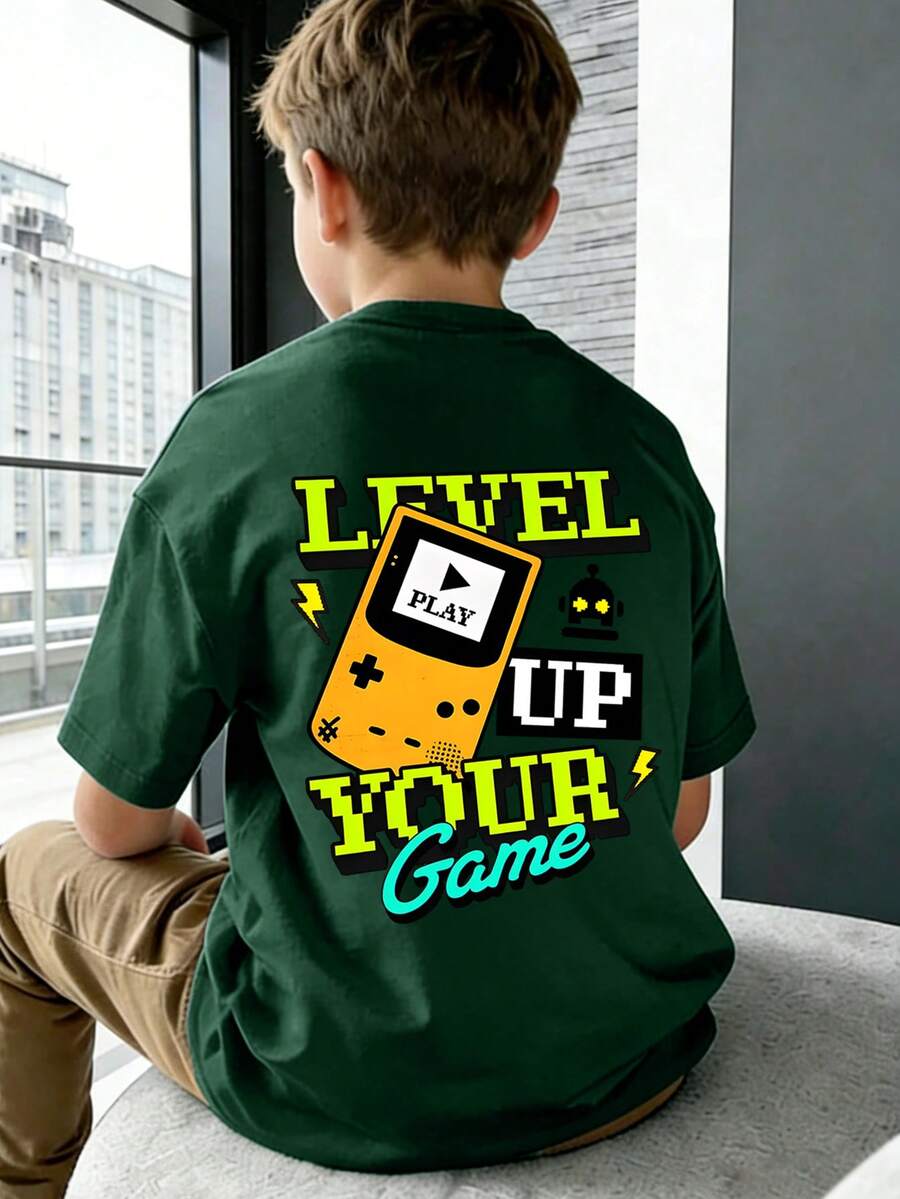 Boys' Gamer Graphic Letter & Game Console Print Crew Neck Short Sleeve T-Shirt, Spring/Summer New Arrival - Dark Green - View 1