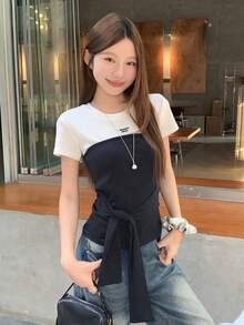 Áo thun nữ tay ngắn cổ tròn phối màu, kiểu dáng thường ngày, đa năng, màu trắng. - trắng - Xem 1