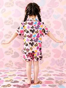 Set de pijamale cu mânecă scurtă, stil graffiti, cu imprimeu de inimă și leopard, pentru fete preadolescente, cu guler, nasturi și buzunare, drăguț și confortabil pentru băieți și fete, potrivit pentru toate anotimpurile, ținute de petrecere și timp liber - Roz - Vizualizare 5