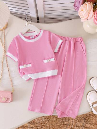 2件套女童休闲甜美撞色针织套装，夏季