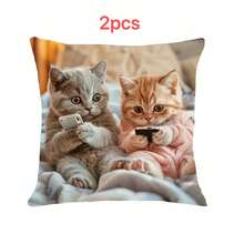 1/2/4 pezzi Federa decorativa per cuscino con gatto che al telefono, lavabile in lavatrice, stampata su un lato, adatta per casa, soggiorno, camera da letto, divano, ufficio e decorazione per auto, imbottitura del cuscino non inclusa - Multicolore - Visualizzare 5