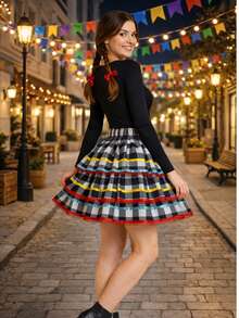 June Festival Skirt, Adult/Youth Cup, Countryside Checkered, Round Square Dance, Saint John's Day, Ruffles, Luxury - 紅色 - 查看 3