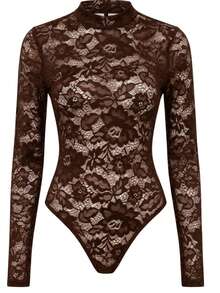 Lace Bodysuit With High Neck - Winter  - Fashion Look - 鏽棕色 - 查看 2