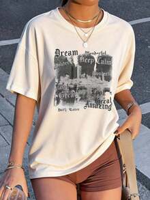 1pscCamiseta de mujer de manga corta con cuello redondo y estampado de eslogan, de ajuste holgado y casual, adecuada para uso diario y ocasiones de vacaciones. Blanca 100% Algodón - Blanco - Ver 3
