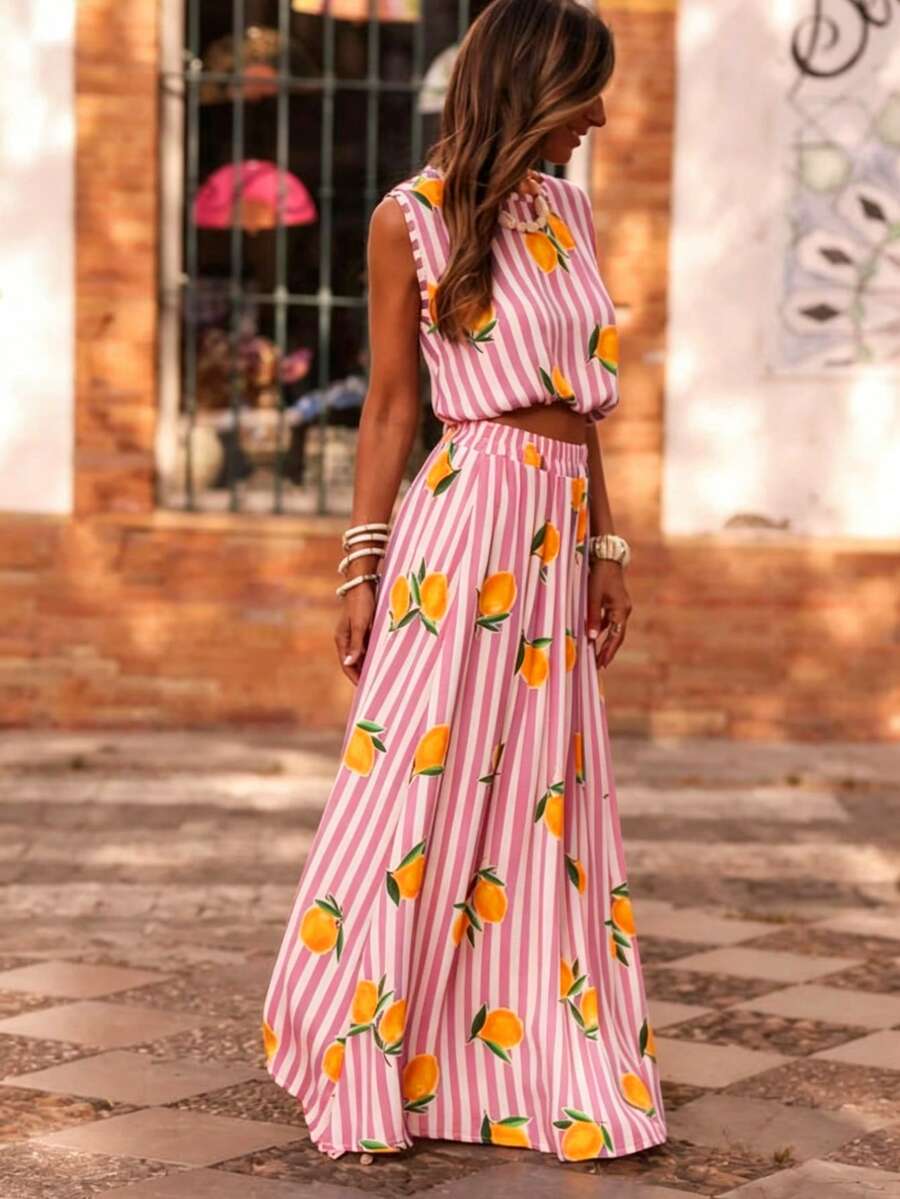 ZhiMo Clothing 垂直條紋檸檬印花無袖短版上衣與高腰長裙套裝,夏季海灘度假兩件式優雅粉色套裝 - 粉色 - 查看 1
