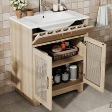 Freestanding Bathroom Cabinet Measuring 76x46x88cm, Moisture Resistant, With Liftable Drawers And Soft-Close Double Doors, High Legs With Rattan Details, Ceramic Sink, Natural Color. - 自然色 - 查看 12