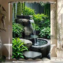 Cortina de ducha elegante con diseño de fuente de jardín, 2D, diseño de cascada y bambú, poliéster duradero, lavable a máquina, con ganchos, decoración artística para el hogar, temática de baño sereno, tela de fácil mantenimiento. - color1 - Ver 5