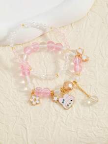 SANRIO 一套时尚、甜美、可爱的卡通旋律吊坠串珠女式手链 - 淺粉色 - 查看 2