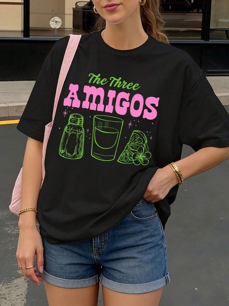 Camiseta Negra con Estampado The Three Amigos y Bebida Mexicana para Fiesta - Negro - Ver 1