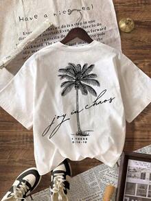 -Women's Casual Shirt With Palm Print, Round Neck, Short Sleeves, Beach, White - Weiss - View 3