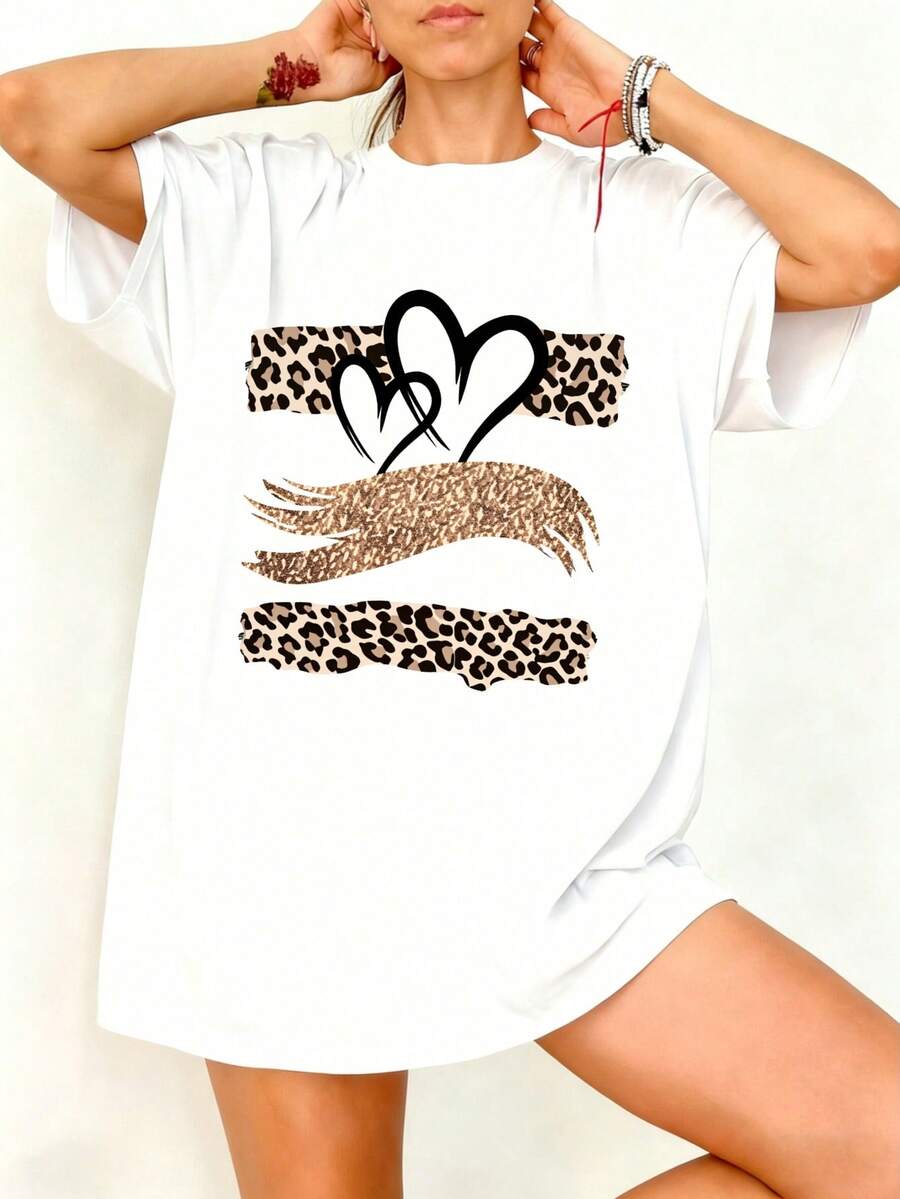 Camiseta Oversize Blanca con Estampado de Leopardo y Corazones para Verano - Blanco - Ver 1