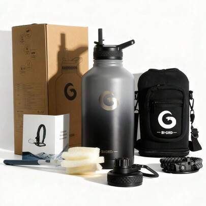 1pc BIGRD Unisex G-Panther Logo 64oz/1.9L Vacuum Insulated Stainless Steel Water Bottle, 304 Coating, Dishwasher , Insulated Bottle With 2 Lids, Straw, Cup Sleeve And Rope Handle, Keeps Hot 24hrs/Cold 48hrs, Suitable For Outdoor Camping, Hiking, Backpacking And Long-Distance Driving
