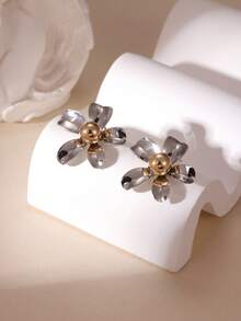 1 par de pendientes de botón con diseño de hoja y pétalo de flor minimalista de metal, pendientes elegantes y únicos para mujeres - Multicolor - Ver 2
