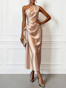 Elegant Spring/Summer Satin Off Shoulder Mid-Length Party Dress, Women's Solid Color Pleated Formal Gown For Wedding Guest, Mother's Day - Champagne - View 6