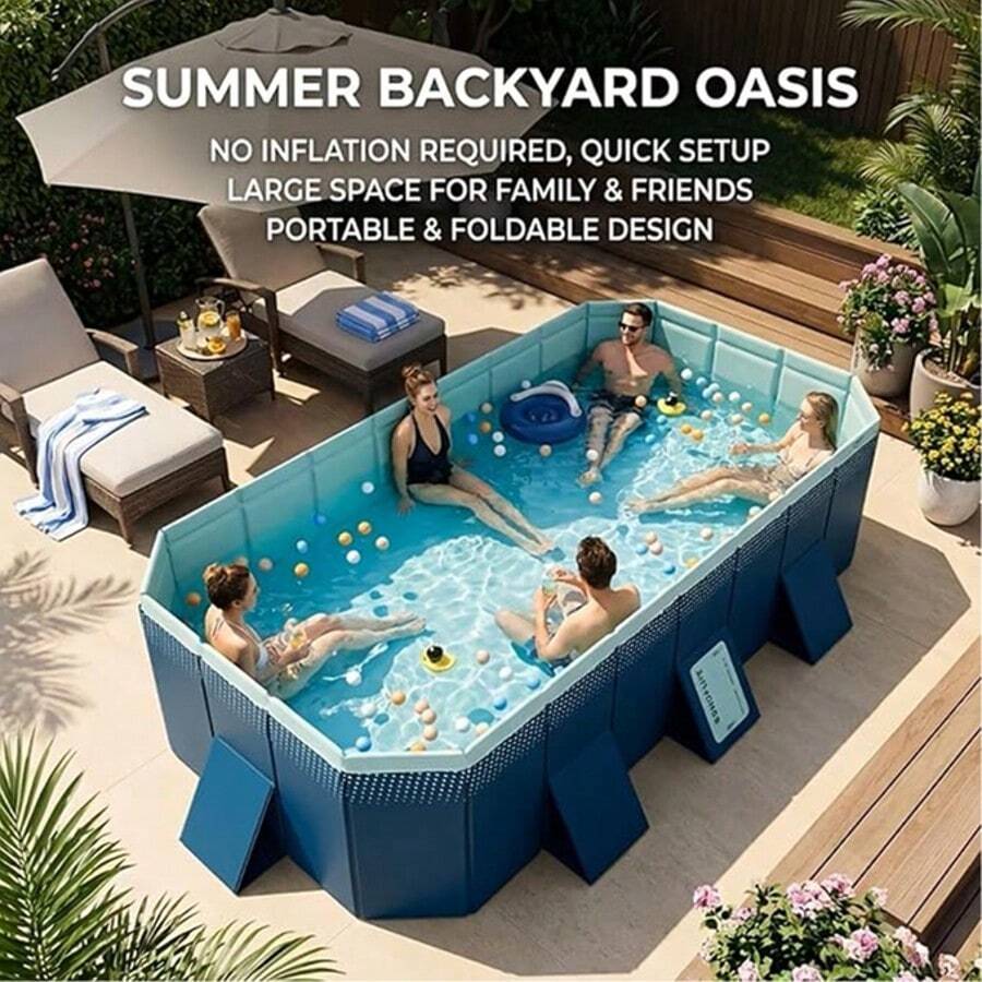 Non-Inflatable Foldable Swimming Pool For Family, Portable Above Ground Pool For Adults & Kids, Easy Setup For Outdoor, Backyard, Garden, Camping - Durable PVC - A - View 1