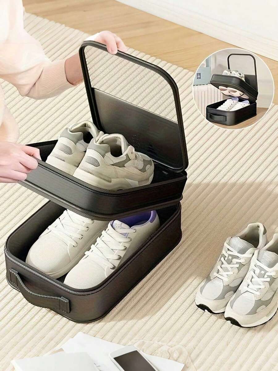 3pcs Portable Large Capacity Shoe Storage Bags, Suitable For Travel, Durable Dustproof Breathable Storage Boxes, Ergonomic Handles, Grey/Black, Compact Travel Gear, Practical Design