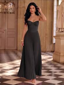 Romantic Sexy Women's Sleeveless Pleated Maxi Dress With Ruched Bandeau - Black - View 1