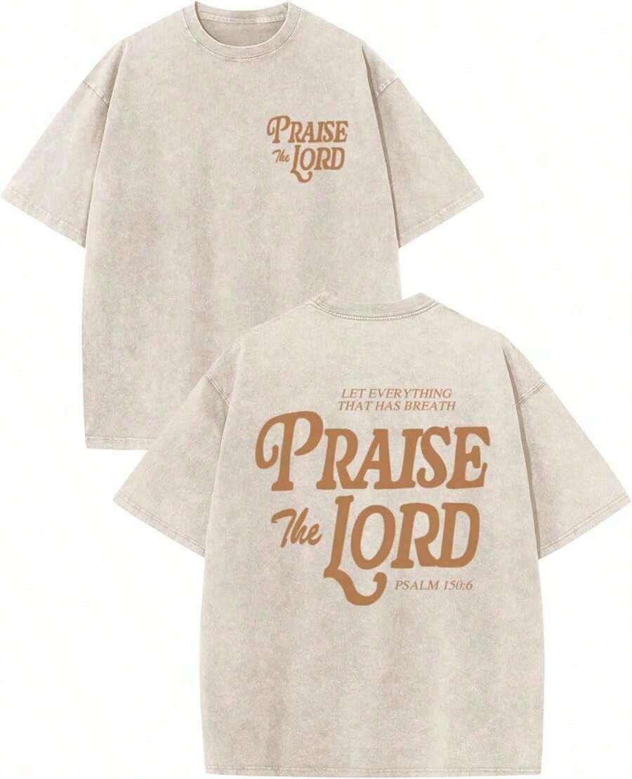 100% Cotton T-Shirts With Christian Jesus Design For Men, Religious T-Shirts Praising The Lord With Bible Verses, Plus Size Graphic Tees, Acid Wash T-Shirts - Unisex For Women And Men, Everyday Campus Wear (Retro Style, Unisex, Thick Fabric) - 杏色 - 查看 1