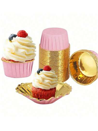 30/50Pcs Pink & Gold Cupcake Liners With Lids Premium Round Aluminum Foil Baking Cups, Heat Resistant And Durable. Elegant Pink And Gold Design Fits Muffins, Cheesecakes And Brownies Perfectly. Great For Birthdays, Christmas, Halloween, Autumn & Pumpkin Themed Parties, Ideal For Daily Baking And Festive Dessert Decoration.