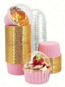 30/50Pcs Pink & Gold Cupcake Liners With Lids Premium Round Aluminum Foil Baking Cups, Heat Resistant And Durable. Elegant Pink And Gold Design Fits Muffins, Cheesecakes And Brownies Perfectly. Great For Birthdays, Christmas, Halloween, Autumn & Pumpkin Themed Parties, Ideal For Daily Baking And Festive Dessert Decoration. - Multicolor - View 3