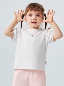 mini bala 2026夏季女童短袖T恤，竹纖維棉，吸濕排汗，透氣，花瓣袖，可愛印花，休閒穿著 - 珍珠白 - 查看 3