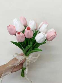 Textura realista, adecuada para novia/dama de honor de boda, ramo de novia artificial de tulipanes blancos y rosa caramelo hechos a mano, accesorios de boda, decoración para el hogar, fiesta de boda, Día de San Valentín - Blanco - Ver 5