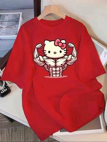 Unisex Size. Plus Size Women's Cotton T-Shirt, Ideal For Summer. Youthful T-Shirt With Anime Print. [Authorized] 2026 Spring/Summer/Autumn, New Short-Sleeved T-Shirt With A Round Neck, Loose Fit, Versatile For Home And Work, Co-Branded With Cartoon Designs. Sweat-Wicking Material, Soft And Comfortable Against The Skin. - 紅色 - 查看 6
