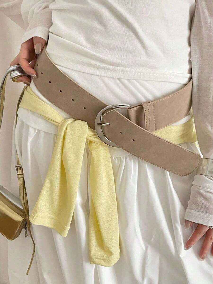 1pc Khaki PU D-Ring Buckle Suede Vintage Versatile Wide Waist Belt - 卡其色 - 查看 1