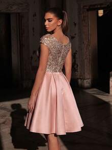 Women's Formal Cocktail Party Dress, Sparkling Sequins & Beaded Heart Neckline, Short Puff Sleeves Fitted Cut, Slightly Stretchy, Midi Length Skirt, Suitable For Weddings And Other Occasions - Champagne - View 3