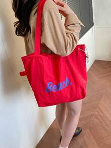 Bolsa con cordón 2026 nueva, bolsa de hombro de lona de gran capacidad, estampado de letras japonesas, material de nailon, bolsa de mano, adecuada para ir al trabajo - Rojo - Ver 5