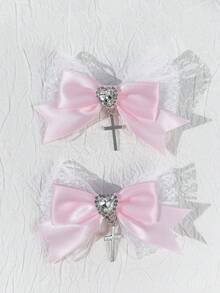 2pcs Gothic Style White Lace Ribbon Hair Clips, Suitable For Holiday Outfits, Daily Wear For Gothic Fashion Enthusiasts,Travel,Birthday - Pink - View 5