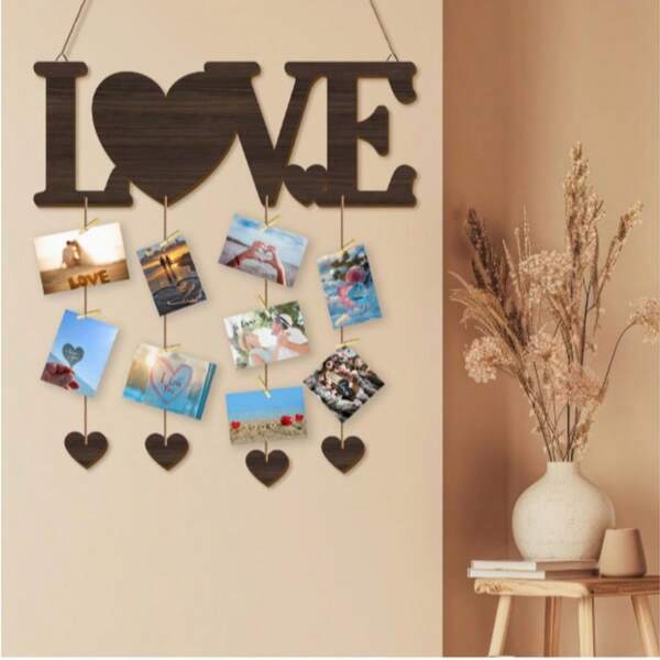 Heart-Shaped Photo Display Stand (With Clips And Hanging Rope) - Artificial Wooden Photo Frame, Suitable For Home And Wedding Decor - Decorative Frame With Hanging Rope System, Can Be Used To Display Photos In Rooms And Living Rooms