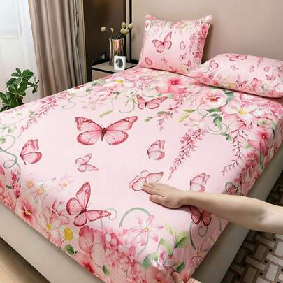 1 chiếc ga trải giường in hình hoa bướm màu hồng, chất liệu mềm mại, thân thiện với da, chống trơn trượt, phù hợp với giường đơn/đôi/cỡ Queen/King, có thể giặt máy, lý tưởng cho trang trí phòng ngủ.