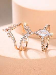 Vanel 1 Set de Anillos Minimalistas Elegantes, 2 Piezas con Marquesa Solitaria y Bandas con Pavé de CZ, Joyería de Moda para Uso Diario - amarillo dorado-blanco - Ver 4