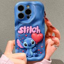 Disney Official Lilo & Stitch Cartoon Phone Case, Denim Blue Irregular Wavy Curved Edge Soft Protective Cover, Love Heart Balloon & Pink Stitch Letter Decorative Pattern Anti-Drop Anti-Scratch Phone Shell For IPhone 17, 16, 15, 14, 13, 12, And 11 Pro Models.. A Fun Gift For Family, Friends, Birthdays, Holidays, And Special Occasions. - 白色 - 查看 5