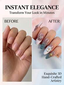 NAILS BASE 10件/組 粉色杏仁形長款法式漸層漸變假指甲，附玫瑰紅花朵，杏仁形甲片，適合辦公場合的中性華麗風，日式手工 P - 彩色 - 查看 3