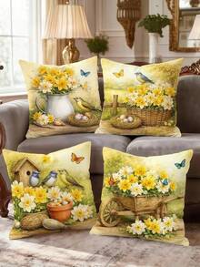 2D Plano 4 piezas Fundas de cojín vintage con flores y pájaros de primavera, fundas de cojín decorativas cómodas en amarillo-verde, impresión de un solo lado, adecuadas para sala de estar, dormitorio, sofá, decoración de cama, rellenos de cojín no incluidos - Mostaza Amarilla - Ver 5