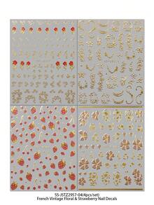 4 piezas de pegatinas de arte de uñas con estampado floral vintage y ribete dorado - Rosas rojas y fresas con brillo - Decoraciones de uñas 3D de textura lujosa francesa para DIY - Adecuado para primavera/verano, bodas, citas, tardes de té - Multicolor - Ver 11