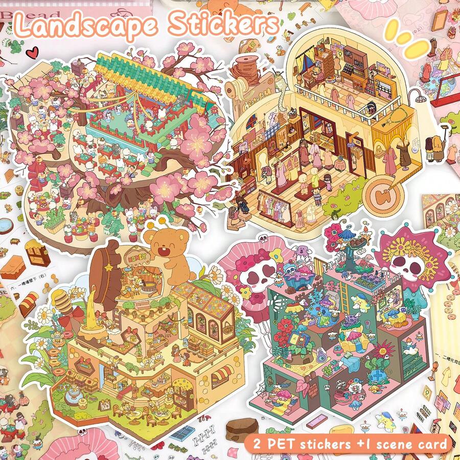 3D Miniature House Diorama Sticker Set, 2 Sheets Pet Stickers + 1 Sheet Scene Cardboard + 1 Sheet Reference, 4 Styles Available, Ideal For Scrapbooking And Crafting Scrapbook Supplies