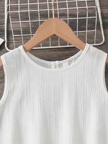 Ensemble 2 pièces Top sans manches + pantalon pour préadolescentes, couleur unie plissée, tenue décontractée pour plage et vacances, printemps/été - Blanc - Voir 3