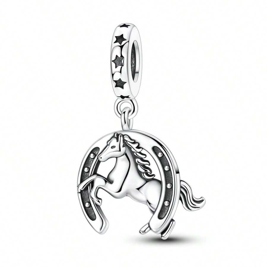 1 pieza Colgante con dije de caballo y herradura plateado vintage, diseño original y único, adecuado para hacer pulseras, collares y joyería DIY - Plateado - Ver 1